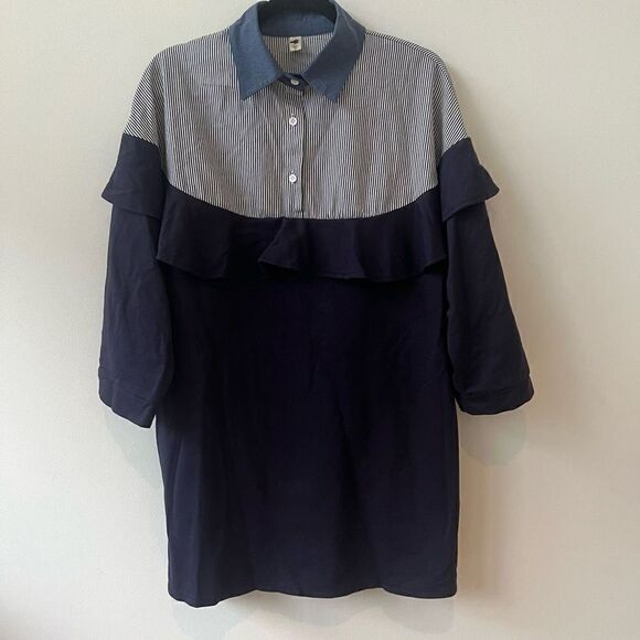 Women's Ruffle Striped Long Sleeve Navy Blue & Gray Shirt Dress Size Large - Picture 1 of 8